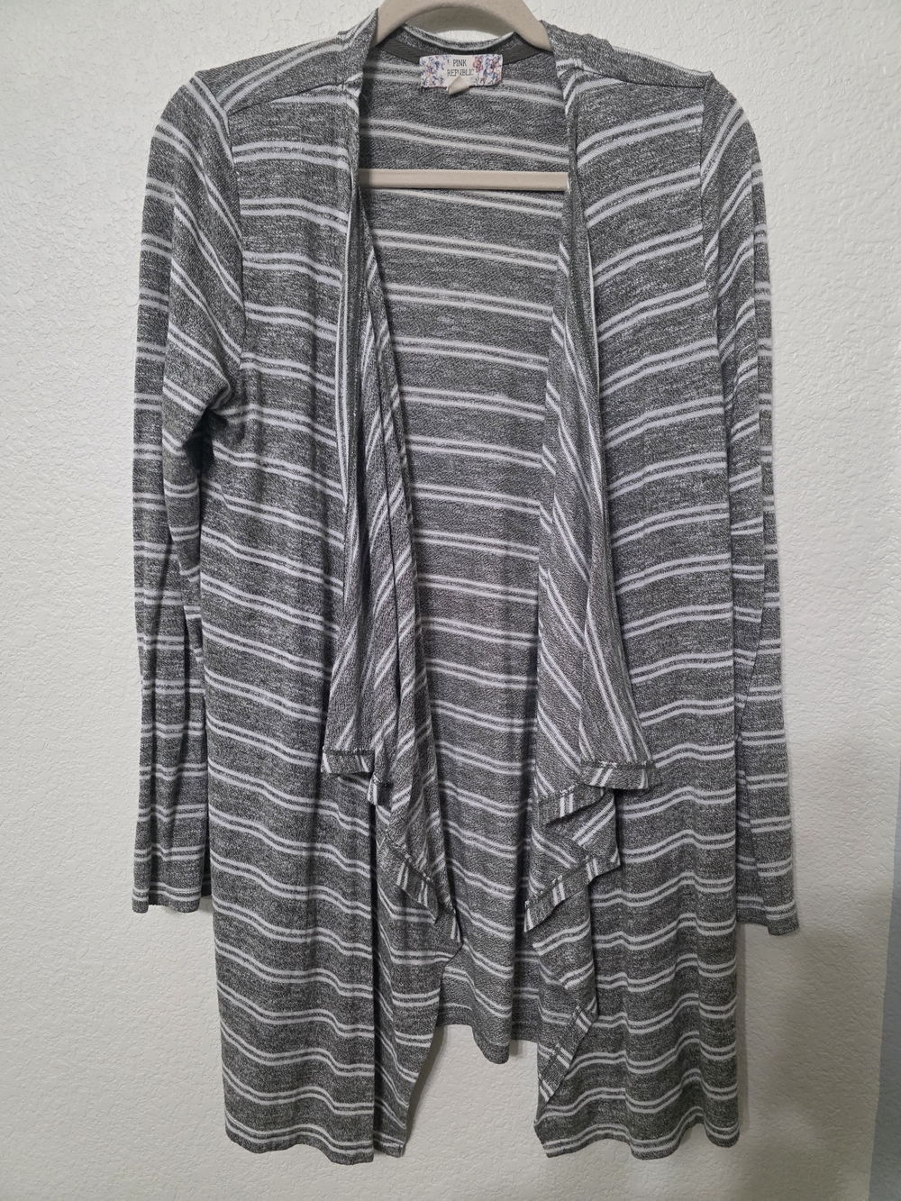 Pink Republic Striped Open Front Waterfall Cardigan - Gray/White, Size L